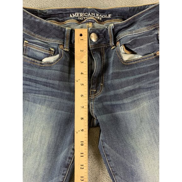 American Eagle Super Stretch Kick Boot Blue Jeans Women Size 8 Cow Print Flare - Picture 8 of 10